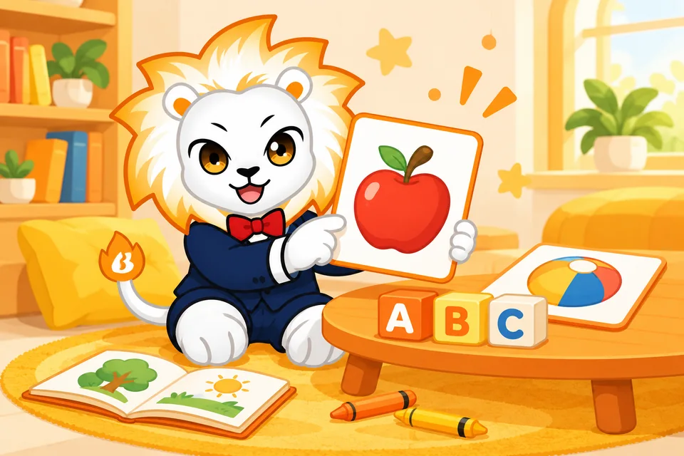 明師獅子 Mascot 以蘋果、皮球圖卡及 ABC 字母積木示範幼兒英語啟蒙