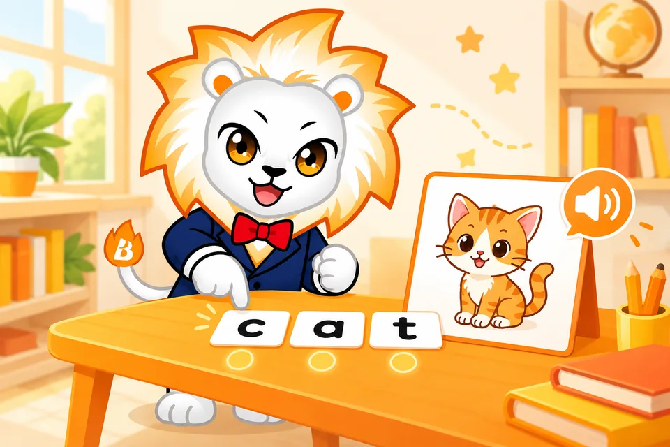 明師獅子 Mascot 指向 c、a、t 字母卡，配合貓咪圖卡示範英文拼讀