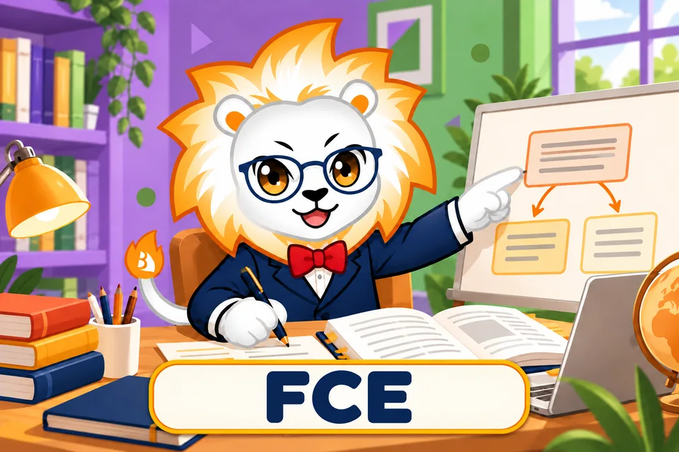 FCE 課程插圖：明師獅子 Mascot 閱讀文章、整理筆記及論點，示範進階英語學習