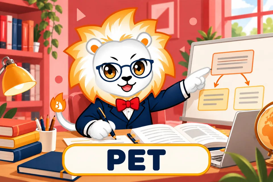 PET 課程插圖：明師獅子 Mascot 閱讀文章、整理筆記及論點，示範進階英語學習