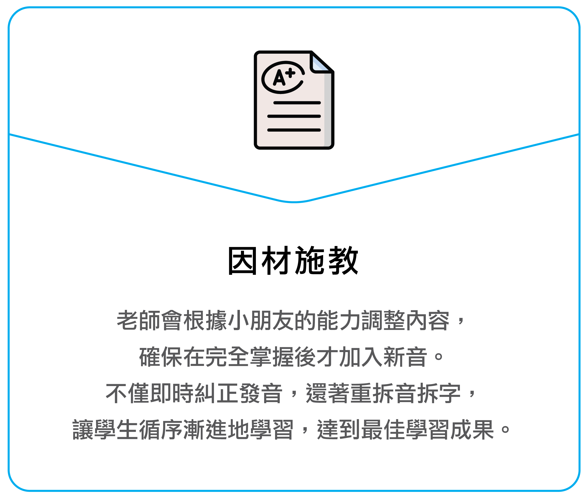 老師會根據小朋友的能力調整內容，確保在完全掌握後才加入新音。不僅即時糾正發音，還著重拆音拆字，讓學生循序漸進地學習，達到最佳學習成果。