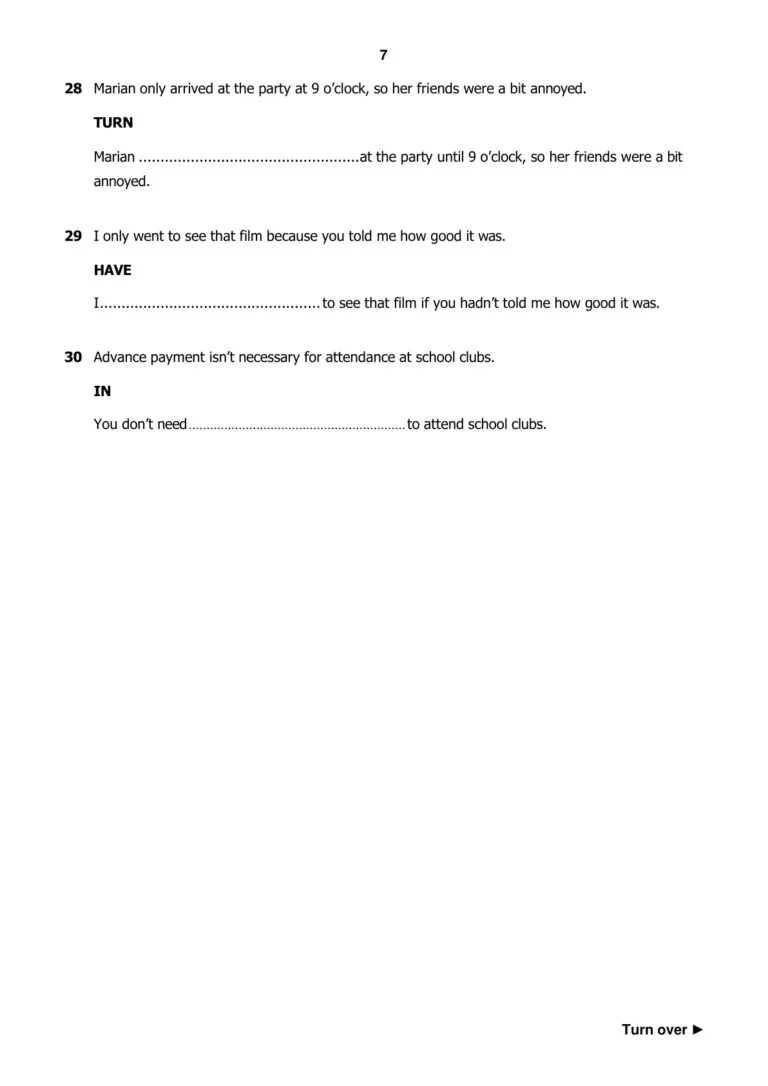 B2 First / FCE Reading and Use of English Part 4｜改寫續頁