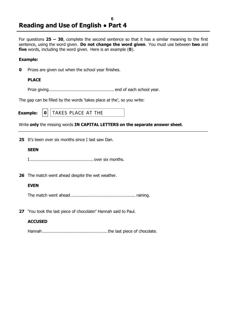 B2 First / FCE Reading and Use of English Part 4｜關鍵字改寫