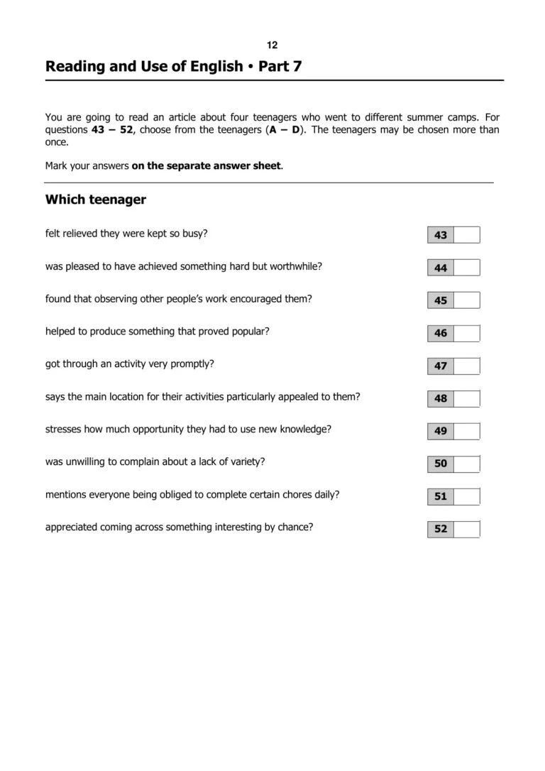 B2 First / FCE Reading and Use of English Part 7｜配對題目